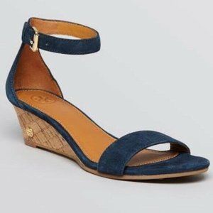 Tory Burch Savannah Navy Blue Suede Cork Wedge Sandals Size 8 AS IS